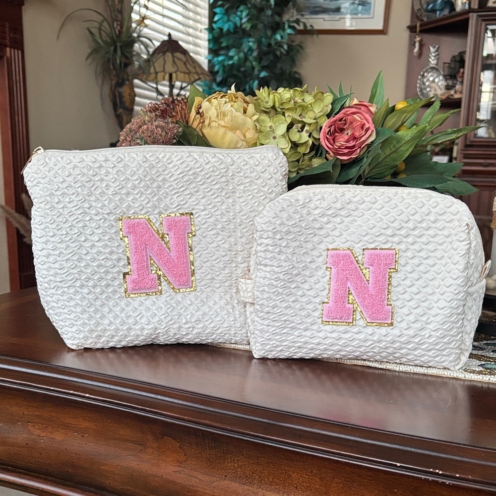Brand New Set of 2 Cream Textured Zippered Makeup Bags Monogram Initial "N" Gift